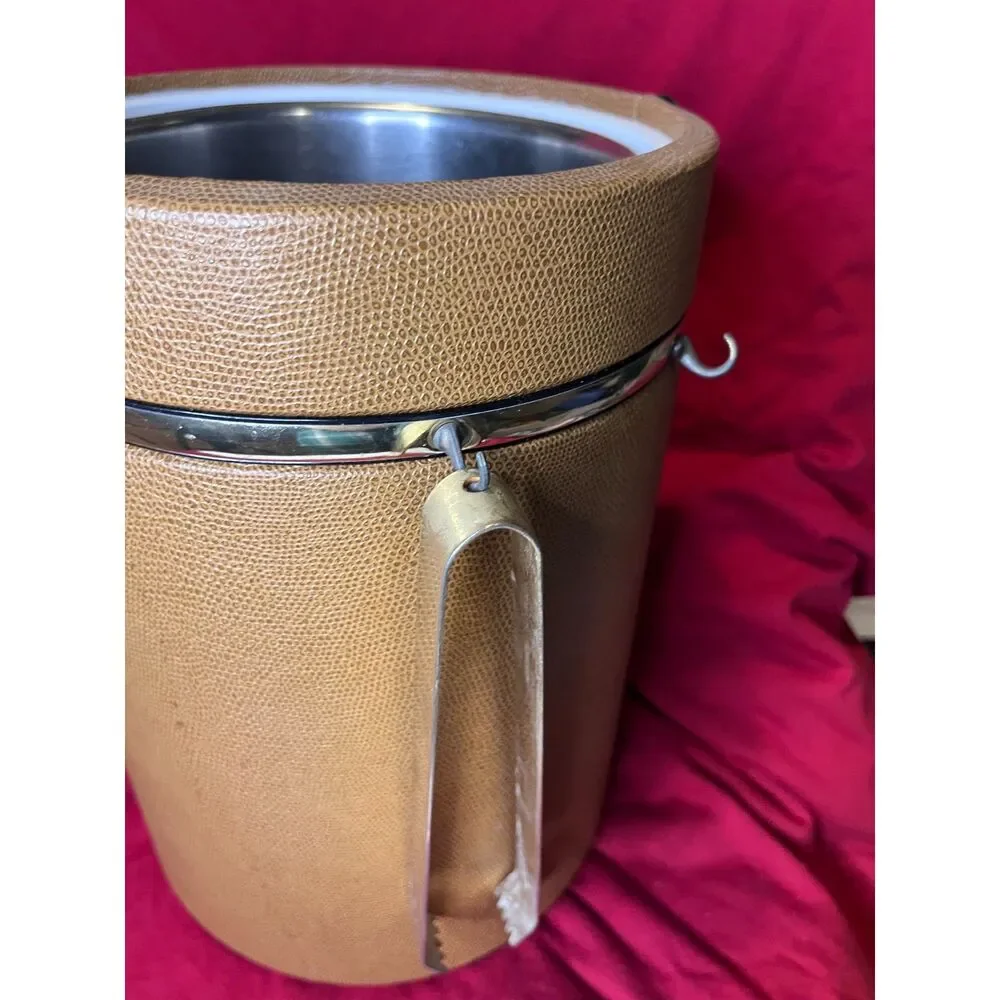 Vintage Georges Briard Faux Leather Ice Bucket with Metal Insert, Metal Tongs